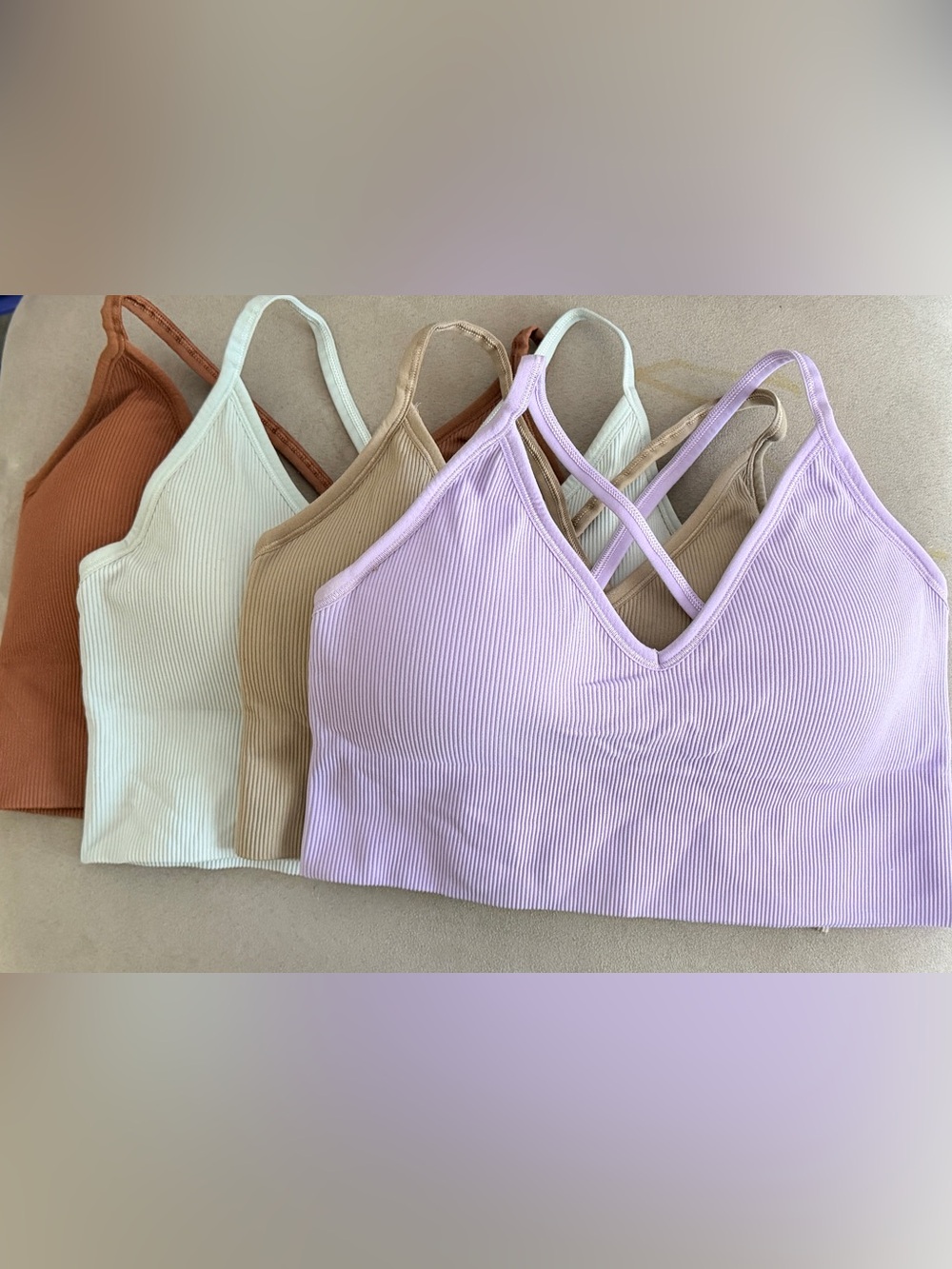 Ribbed V-Neck Bralette - Lilac, tan, mint, brown